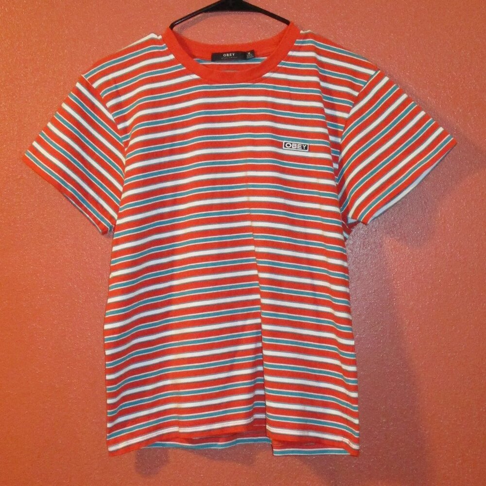 Obey Shirt Woman Medium Orange White Blue Stripe Outdoor Travel Vacation Shirt